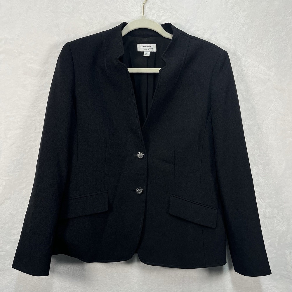 Tahari Inverted Notch Blazer Womens Petite 12 Black 2 Button Professional Work